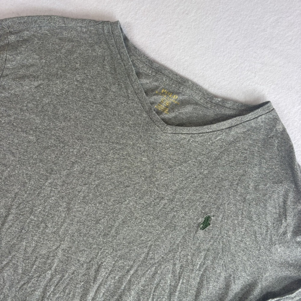 Polo Ralph Lauren Mens Large Heathered Gray Tee V-Neck Long Sleeve Green Pony